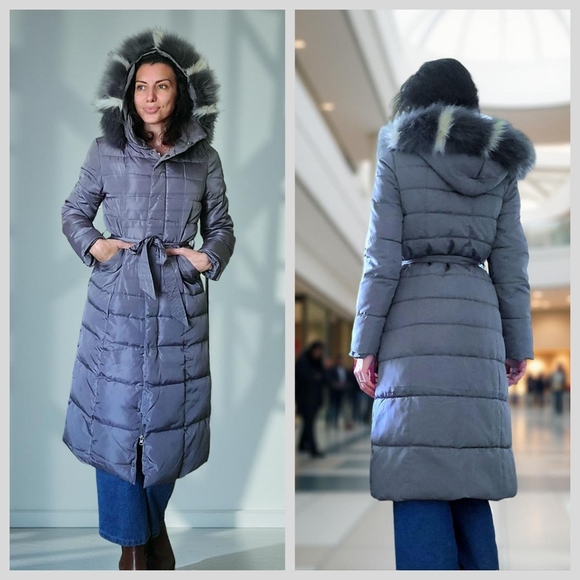 Jackets & Blazers - Women's Gray Puffer Midi Coat with Fur Hood